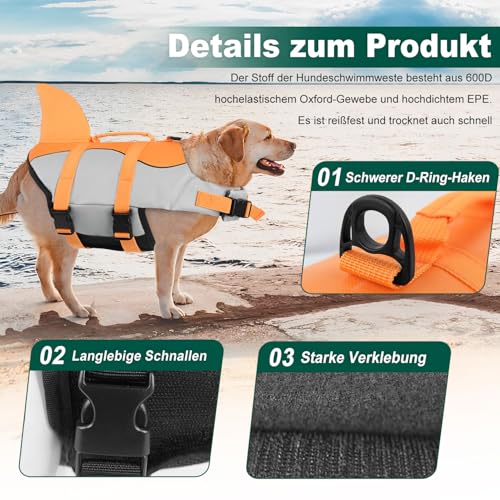 Voarge Hundeschwimmweste für Haie, Hundeschwimmweste mit Griff und Reflektor, Sicherheitsweste für Haustiere (Orange, XS)