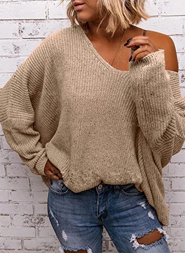 Image of BZB Women's V Neck Long Sleeve Knit Loose Oversized Pullover Sweater Top