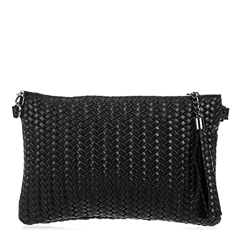 Firenze ARTEGIANI.Bolso de Mujer Piel auténtica.Bolso de Mano Mujer Cuero Genuino Gamuza Grabado Motivo Trenzado en Espiga y Lacado. Made IN Italy. Vera Pelle Italiana. 23x15x4 cm. Color: Negro