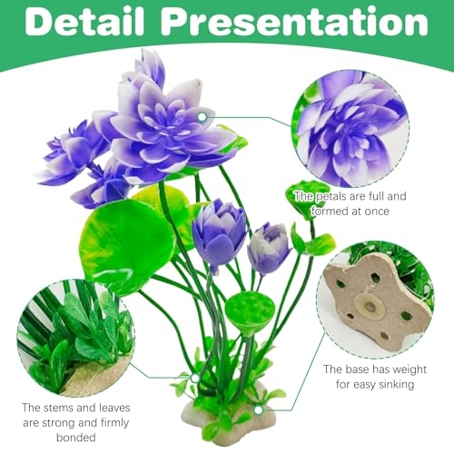Image of Hamiledyi 2 Pcs Artificial Lotus Flowers with Small Artificial Seaweed Plants Fish Tank Plastic Plants Decorations Purple and White-Purple Blossoms Artificial Water Plants Perfect for Aquarium Decor
