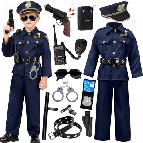 Mishopy Deguisement Policier Enfant Costume Policier avec Chapeau Enregistreur Talkie Walkie Lunettes de Soleil Jouet Police Accessoires Déguisement Halloween Carnaval Garçon Fille (M, 8-10 Ans)