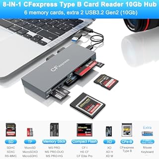 8 in 1 CFexpress Type B Card Reader with 2 10Gb USB, USB3.2 Gen2 10Gbps CF Express Reader hub for CFexpress Type B/SD/TF/CF/XD/MS/USB, CFexpress Adapter Hub Read 6 Cards and 2USB Simultaneously