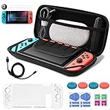 【Kit de Accesorios 17 EN 1】El kit completo de accesorios del de Nintendo Switch incluye todo lo que necesita: 1 * Funda para Nintendo Switch, 1*Cable USB, 2*Protector de Pantalla, 1*TPU Cubierta Protectora, 2*Joy-Con Grip, 2*Joy-Con volante, 4*tapas de agarre para el pulgar, 2*Algodón de alcohol, 2*pegatina de limpieza.
