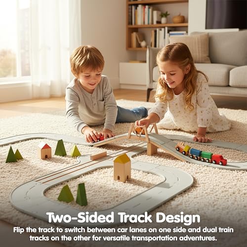 Image of PlanToys Rubber Road & Rail Expansion Tracks Set A Montessori Play Accessory | Imagination, Problem Solving and Creative World Building | Eco Friendly Track Set