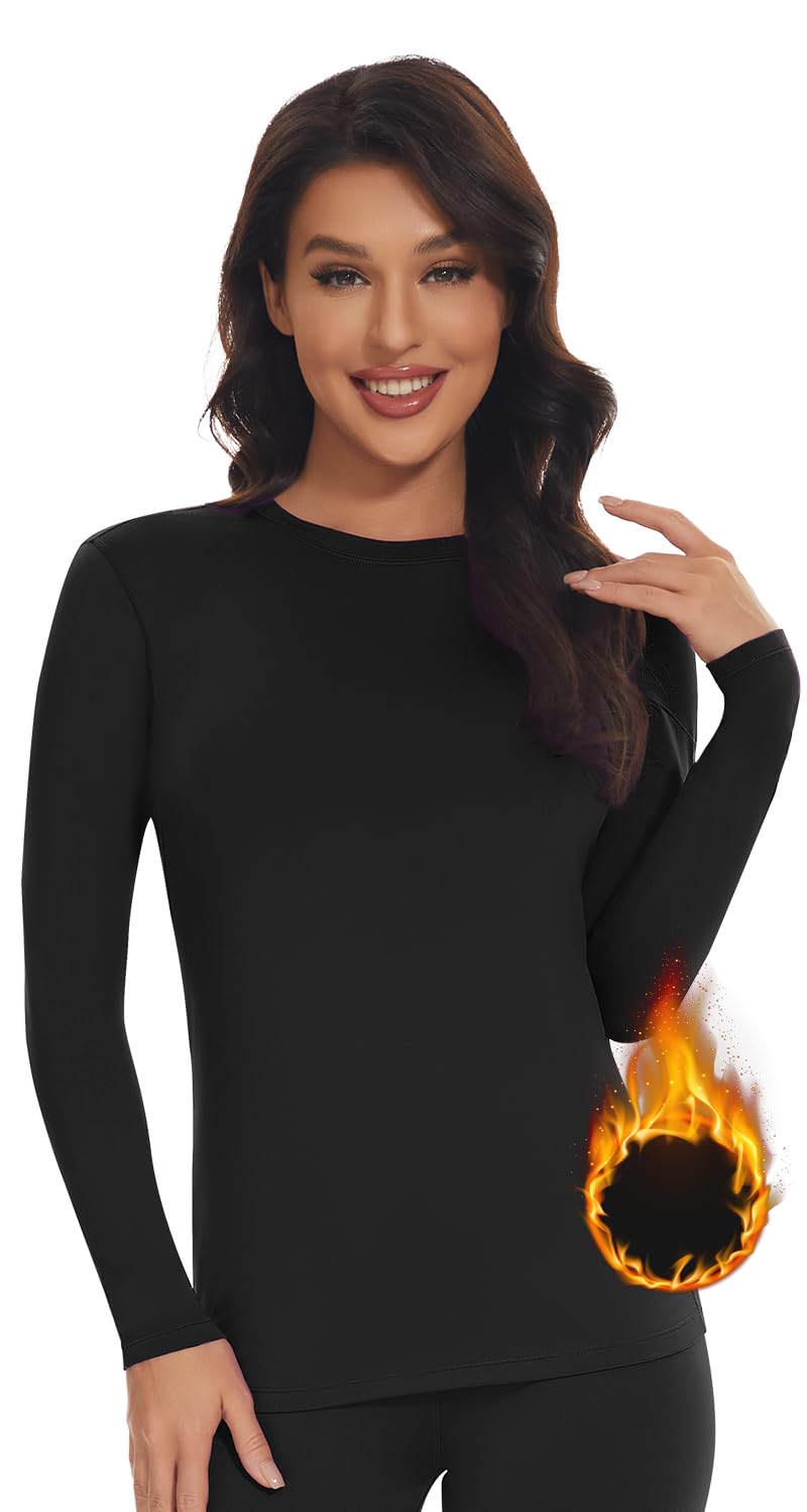 Thermal Tops Womens Round Neck Soft Base Layers Long Sleeve Top Women Thermal Underwear Shirt Warm Wicking