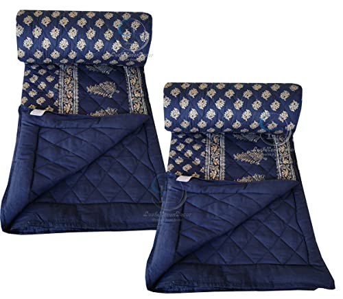 Image of Jaipuri Razai Single Bed Gold Print with Computerized Quilting Use as Soft and Breathable Cotton Comforter Quilt Rajai Blanket Dohar Size 55X85 inch Blue Pack of 2