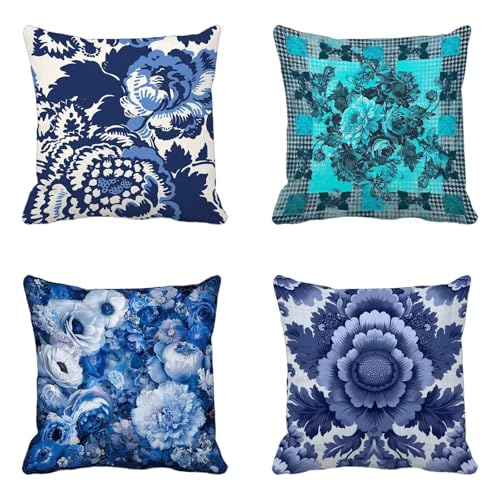 クッションカバー ネイビーブルー クッションカバー 70 x 70 cm 4枚組, 柔 Cushion Cover 花 Cushion Cover おしゃれ 洗濯機丸洗い 隠れるファスナー ソファ用 家庭装飾 洋室 車用 装飾枕 雰囲気 部屋飾りギフト -