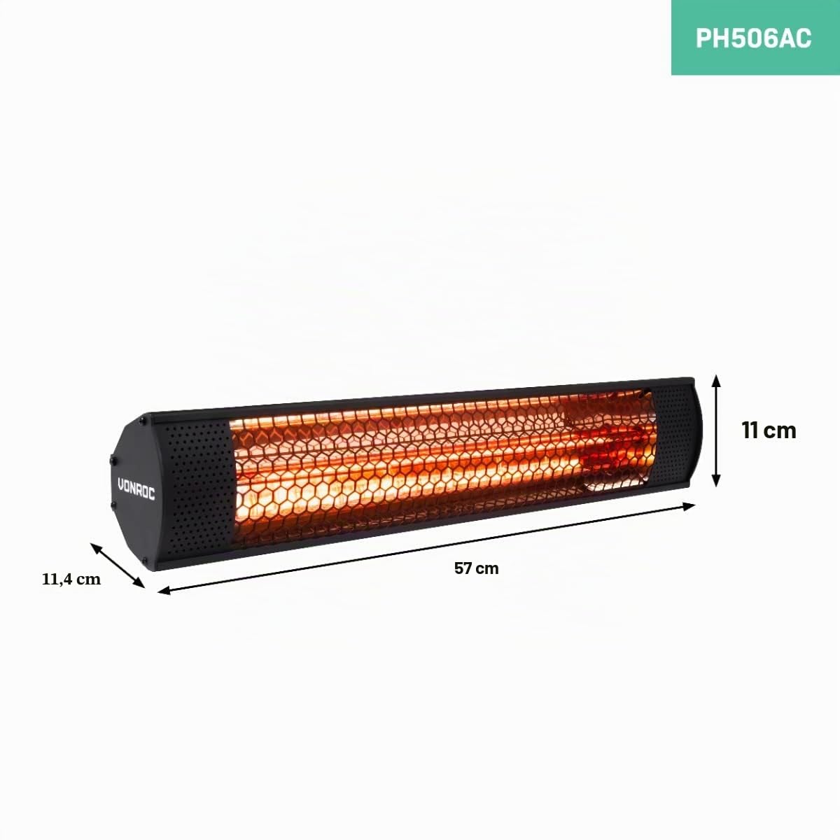 VONROC Calefactor Infrarrojo de Terraza 2000W Bajo Deslumbramiento IP55 | negro mate, montaje pared o techo, aluminio, soporte ajustable incluido, calefacción exterior cubierta