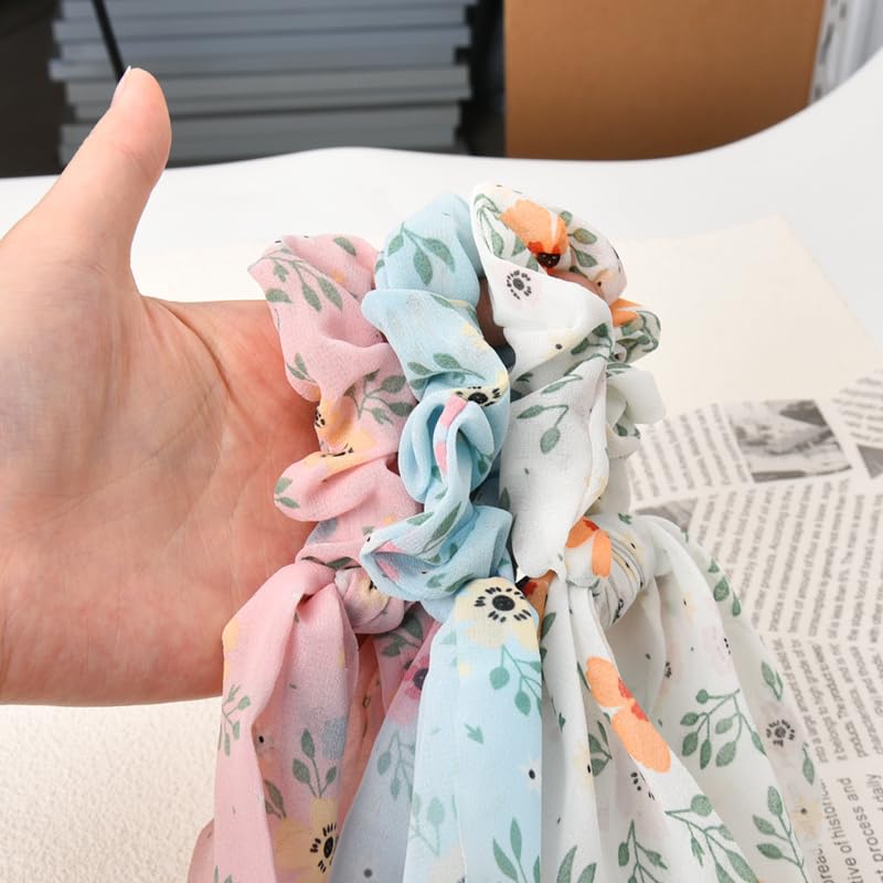 Hair Scarf Scrunchies with Ribbon Tails for Women Girls Flower Printing Hair Scrunchy Scarf Hair Ties for Teen Girls Knotted Bow Hair Elastics Chiffon Ponytail Holder for Women 3 Pcs - Image 4