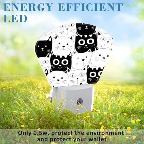 Image of Cute Black and White Cat Night Light for Kids, Doodle Cat LED Night Light Plug into Wall with Dusk to Dawn Sensor for Girls Boys Women Men Room, Hallway, Kitchen, Bathroom, Stairs Decor