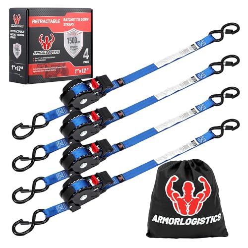 Image of Retractable Ratchet Straps 4 Pack, 1 in x 12 FT Auto Ratchet Straps for Motorcycle, Kayak and Trucks, Breaking Strength 1,500LBS /500LBS Working Load Limit Blue