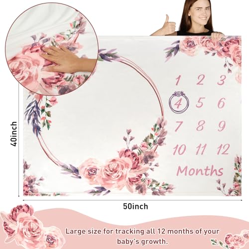 Image of Bohemian Rose Baby Milestone Blanket for Girls - Swaddle Blanket, Gender Reveal Gift, Photo Props - 40 inchx50 inch