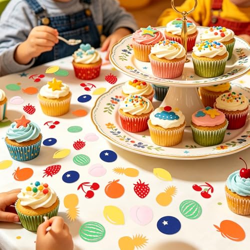 Image of 240Pcs Double-sided Fruit Confetti Strawberry Blueberry Peach Orange Lemon Cherry Pineapple Table Confetti Colorful Paper Fruits Table Decorations for Baby Shower Fruity Birthday Party Confetti