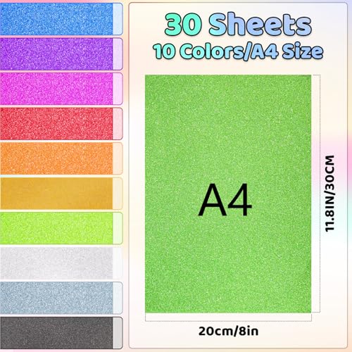 30 folhas de papelão com glitter, papel com glitter autoadesivo de 10 cores, cartolina premium para