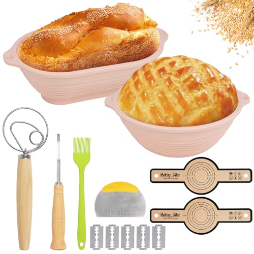 Sourdough Bread Basket, Silicone Bread Making Accessories, Sour Dough Bread Proofing Basket, 9 Inch Round & 10 Oval Baking Kit with Bread Lame, Bread Whisk, Dough Cutter, Sour Dough Starter Kits