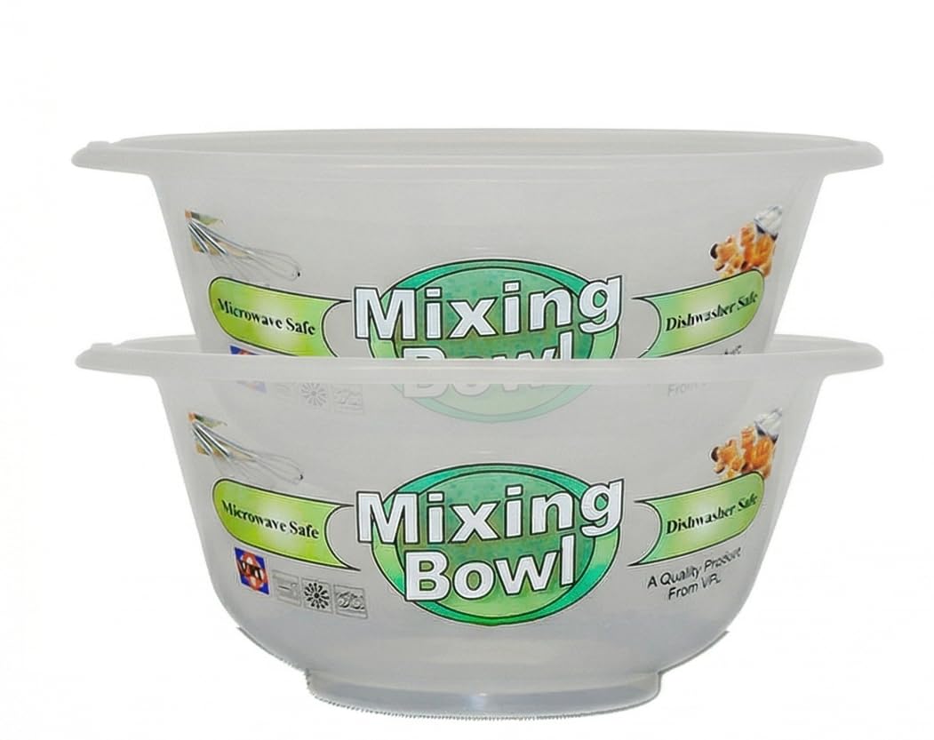 KANSY Round Plastic Mixing Bowls - Set of Small Medium Large, Clear Salad Pasta Vegetable Washer & Food Mixer, Easy to Clean Reusable Tableware Dish for Party Cooking Baking Cereal (2, 25cm)