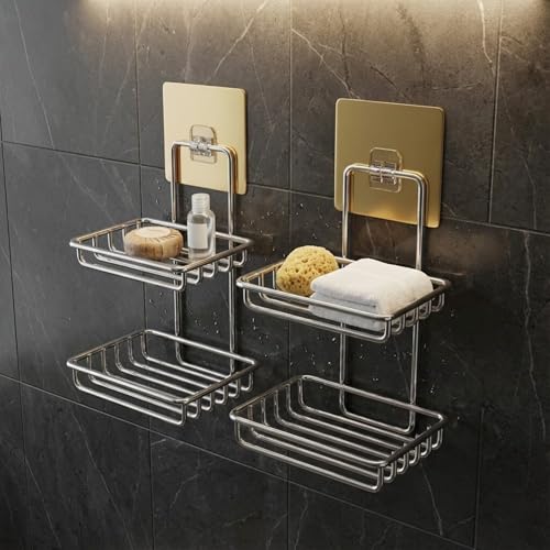 Image of Double Layer Soap Stand for Bathroom | Soap Holder for Bathroom Stickable | Self Adhesive Wall Mounted Stainless Steel Soap Dish | No Drill Soap Tray Waterproof Rust-Proof (Set of 2)