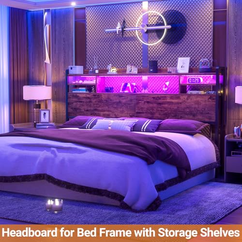 Image of Aheaplus Headboard for King Size Bed with Storage and Outlets, Rustic Brown | Headboards with LED Light, Power Outlets, USB Ports King Size Head Board, Wood headboard Only Sturdy and Stable Headboards