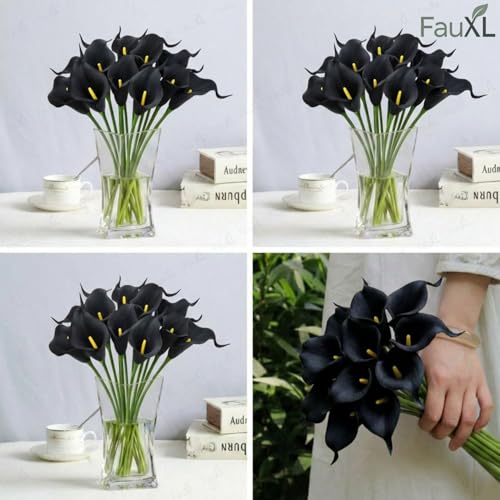 Image of 10 Pcs Artificial Calla Lily Flowers Bunch for Vase and Flower Pots- Premium Real-Look Faux Lily Stems for Home Decor, Living Room, Bedroom, Office Decoration (Vase not Included) (Black)