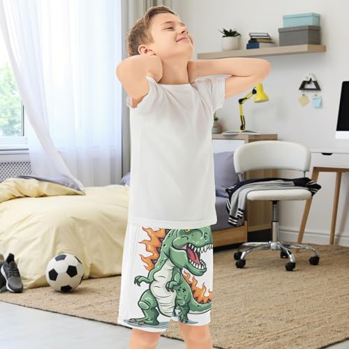 Boys Casual Shorts, Athletic Gym Shorts Elastic Waist with Pockets Green Fire Dinosaur Summer Sports Homewear 7-15Y3