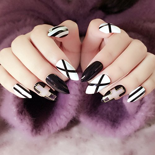 24pcs 12 Sizes Classcial Christmas Decoration False Nails Long Sharp Head Black White Cross Style Acrylic Glitter for Girl Friend …