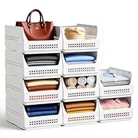 Gvdeirn Wardrobe Storage Organiser, 10 Pack Foldable Closet Organizer, 32*43*20.5cm, Stackable Plastic Basket, Drawers for Bedroom, Kitchen and Laundry Room, Saving Clothes Storage, White