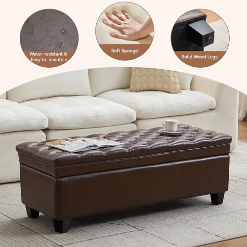Image of WUTUTUEE 50 inch Faux Leather Storage Ottoman Bench, Upholstered Rectangle Storage Ottoman End of Bed Tufted Living Room Bedroom Bench with Safety Hinge, Solid Wood Legs, Loads 500 lb(Dark Rrown)