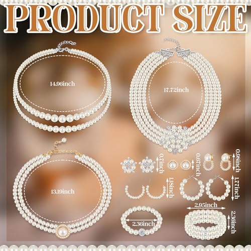 Image of Glenmal Pearl Rhinestone Jewelry Set for Women Pearl Necklace Bracelet Earrings for Wedding Halloween Bridal Shower Tea Party
