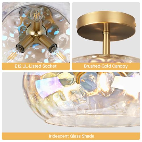 Image of 12 inch Vintage Rainbow Glass Ceiling Light, Mid Century 3-Light Semi Flush Mount Fixture, Modern Hammered Gold Lighting for Girls Bedroom, Hallway, Kitchen, Living Room