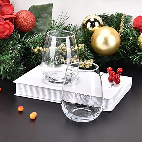 Set Of 2 Cheers Christmas Stemless Wine Glasses With White Stars, Christmas Wine Glasses Set, Xmas Festival Decoration Gifts For Friends Family Women Men Holiday Celebration Christmas Party, 15 Oz #TOP2
