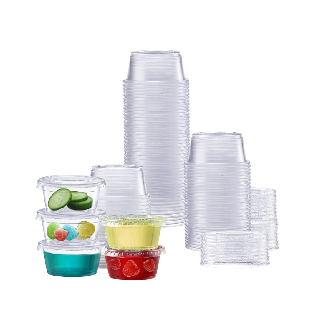 Packer Mate [300 Sets - 2 oz] Portion Cups With Lids, Jello Shot Cups With Lids, Small Plastic Containers With Lids, Plastic Sauce Cups With Lids, Disposable Condiment Cups With Lids, Souffle Cups