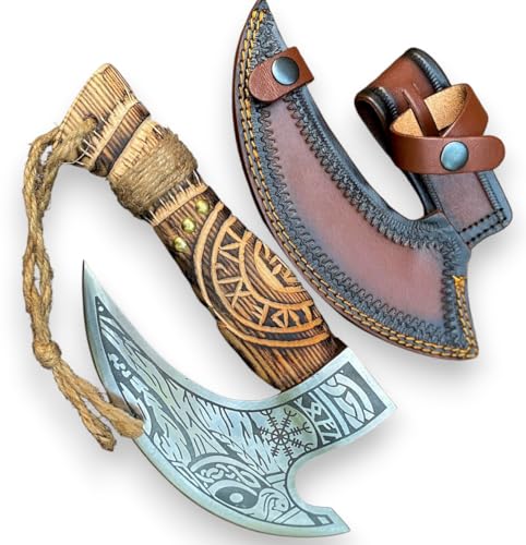 BLACK WOLF KNIVES Viking Axe Pizza Cutter, Norse Engraved Steel Blade, Carved Wood Handle, Decorative Kitchen Slicer with Rope Wrap BLACK WOLF KNIVES Viking Axe Pizza Cutter, Norse Engraved Steel Blade, Carved Wood Handle, Decorative Kitchen Slicer with Rope Wrap