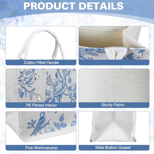 Bolsa tote de arpillera floral azul y blanca con asas miniatura 5