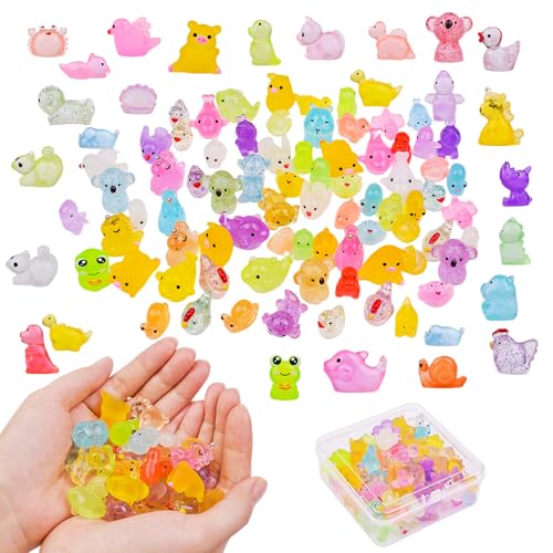 Lokideer 100 Stück Mini Harz Tiere Miniatur Figuren Leuchtende Bunte Kleine Tierfiguren Kaninchen Enten Hai Koala Schwein DIY Gartendeko Puppenhaus Dekoration von Töpfpflanzen Fischbecken