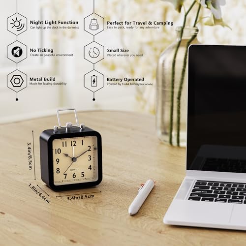 Image of AYRELY Small Metal Alarm Clock, Desk and Table Clock for Travel | Battery Operated Retro Silent Clock with Light for Bedroom, Bedside, Shelf and Living Room Decor (Matte Black)