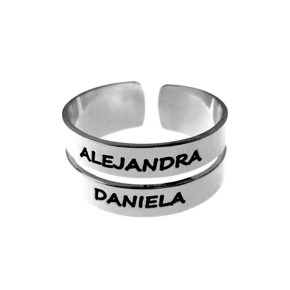 Sortija Plata Ley 925M Lisa Calada Dos Bandas Nombres Personalizados Parte Trasera Abierta - Personalizable - Grabación Incluida En El Precio