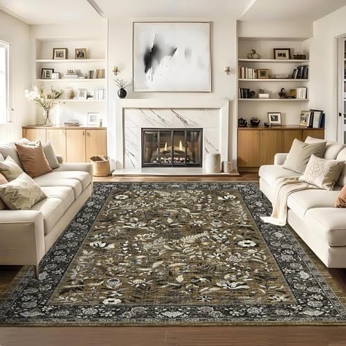 GarveeHome Large Area Rugs 8x10 Brown Washable Rugs for Living Room Soft Non Slip Bedroom Rug Botanical Floral Vintage Low Pile Carpet Non Slip Ultra Thin Floor Carpet for Dining Room Nursery Office