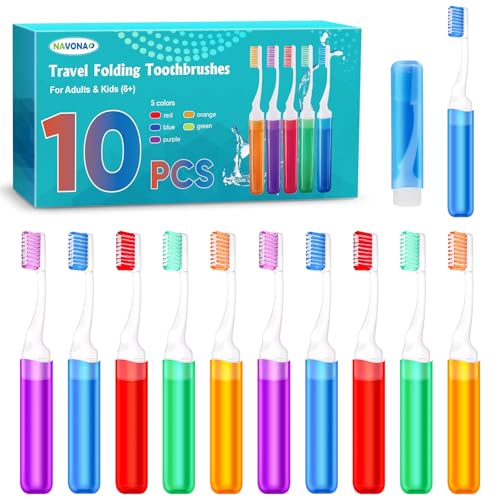 Navona 10 PCS Travel Toothbrush Set Folding Mini Toothbrush Potable Travel Size Toothbrushes Medium Bristles Individually Wrapped Bulk Toothbrushes for Camping Hiking School