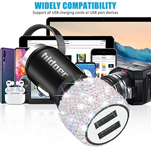 Bling Usb Car Charger 5V/2.4A Multicolor Crystal Decor Dual Port Fast Adapter With 3.9Ft Nylon Type C/Micro Usb 3-In-1 Multi Charging Cable For Iphone Ipad Android,Car Interior Accessories For Women #TOP5