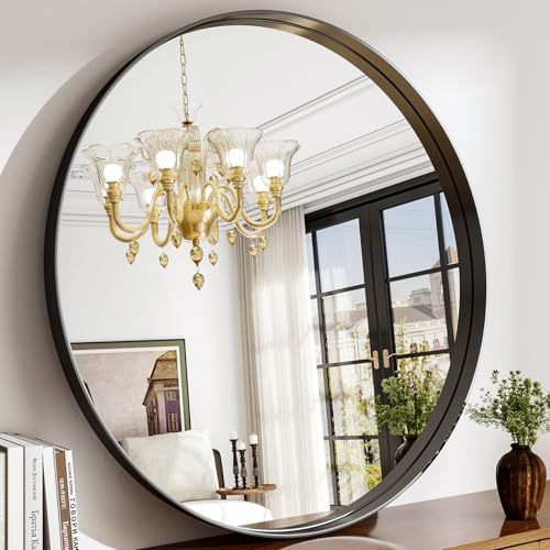 36 Inch Round Bathroom Mirror - Wall Mounted Circle Mirror with Metal Frame, Modern Mirror Suitable for Bathroom, Vanity, Entryway, Living Room, Wall Decor,Black