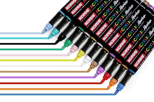 Image of Kores Acrylic Markers, Assorted Colours, Ideal for Paper, Wood, Canvas, Metal, Glass, Stone, Ceramic, Plastic, Fabric, 12 Count