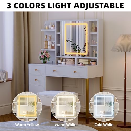 GAOMON 43.7'' White Vanity Desk Table with Lighted Mirror & Power Outlet, 3 Lighting Modes, Brightness Adjustable Vanity Table Makeup Vanity for Bedroom Dressing Room