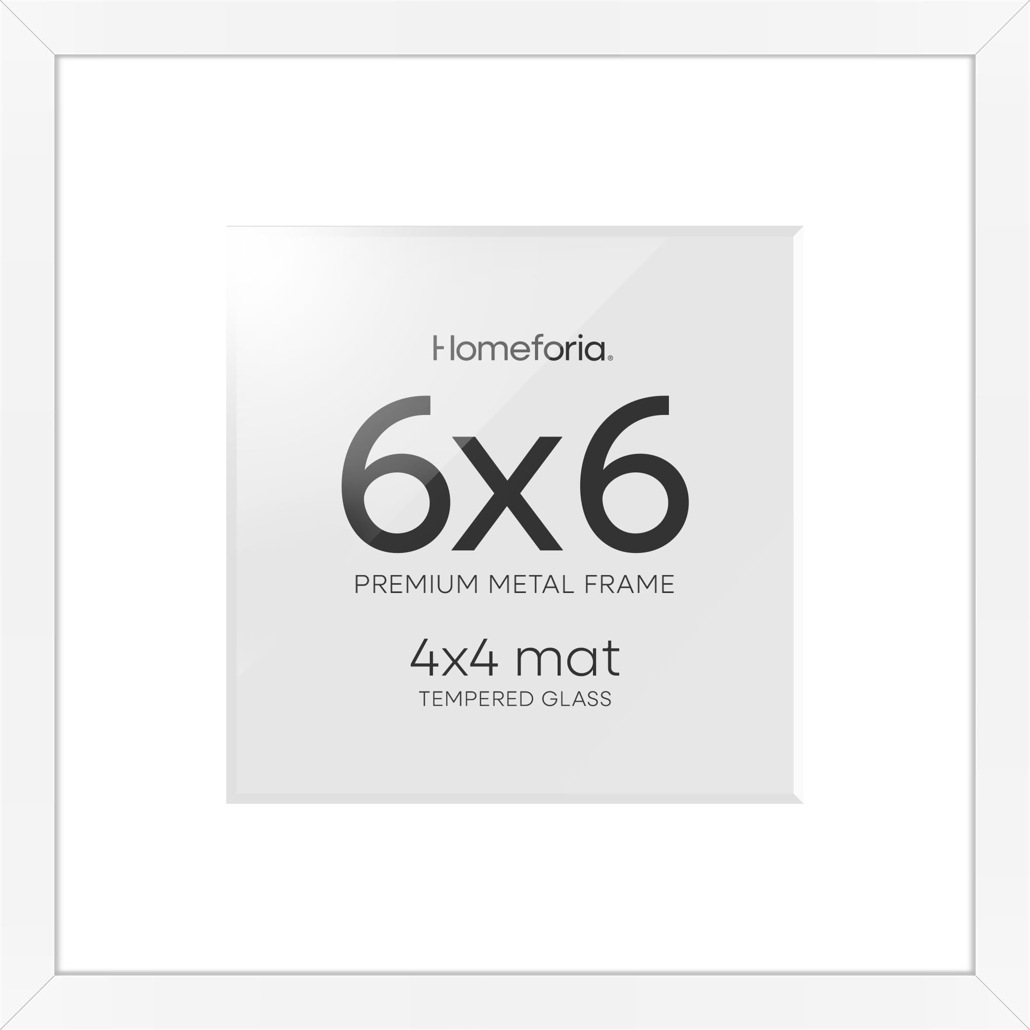 Homeforia 6x6 White Picture Frame, High-End Metal, 4x4 Mat, Glass | High End Aluminum, Tempered Glass, Acid-Free 4x4 Removable Mat, 6x6 in Edge-to-Edge Display 6x6, Wall Kit, Set Of 1