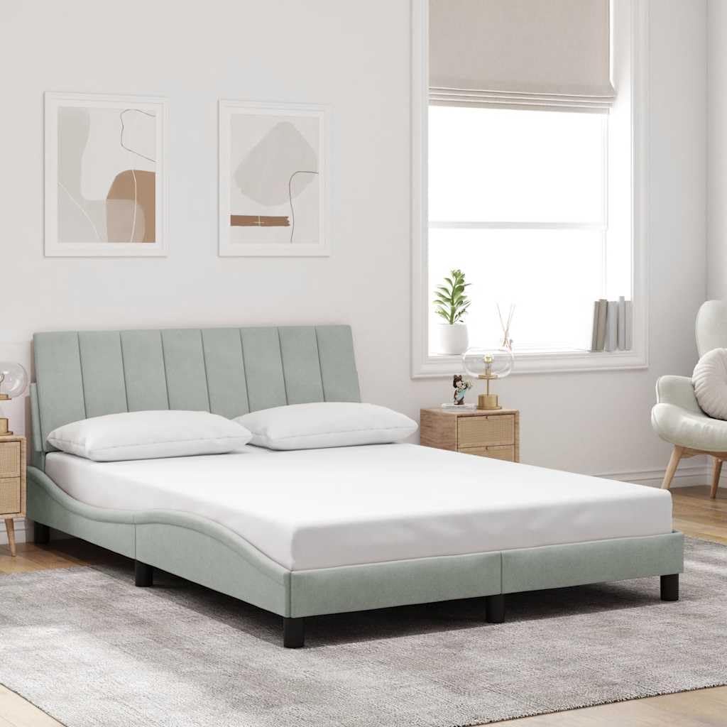 Light Grey Velvet Bed Frame with Solid Pine Wood and Metal Platform, Sturdy Slatted Foundation, Modern Storage Headboard for Bedroom Mattress Support