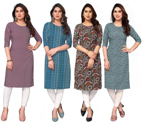 Image of JAKHANA Women's Crepe Printed Casual Straight Calf Length Round Nick Kurta Pack of 4
