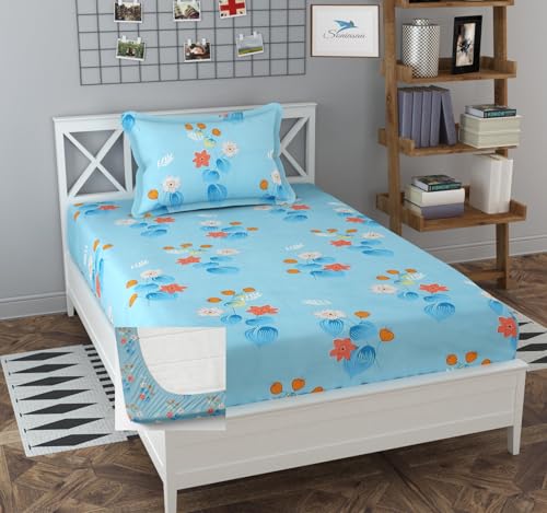 Image of 200 TC Cotton Feel All Around Elastic Fitted Bedsheet, Elastic Fitted Bedsheet Single Size Bedsheet for Single Bed with 1 Pillow Cover, Size - 72 x 36 x 8 Inch Color