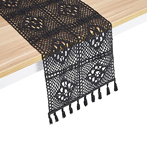 Boho Table Runner Farmhouse Decor Small Black Coffee Table Runner Macrame Table Runner Lace Rustic Crochet Runner for Table Spring Table Runner Wedding Dining Table Runner Bohemian Boho Decor 55 inch