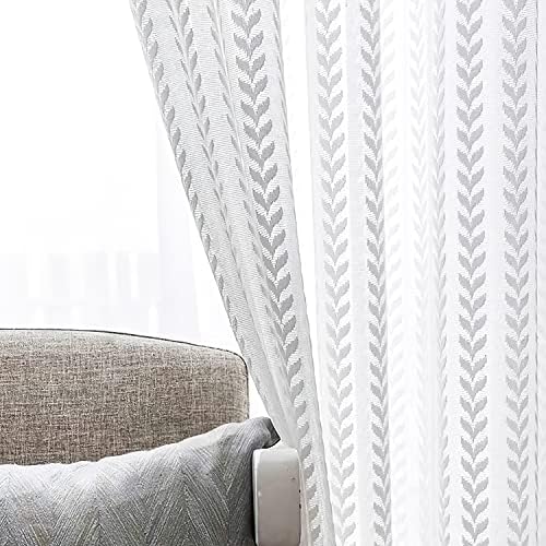 jinchan White Sheer Curtains 96 Inches Long Leaf Lace Living Room Curtains Voile Farmhouse Drapes Curtains for Bedroom Classic Vintage Weave Light Filtering Rod Pocket 2 Window Curtain Panels