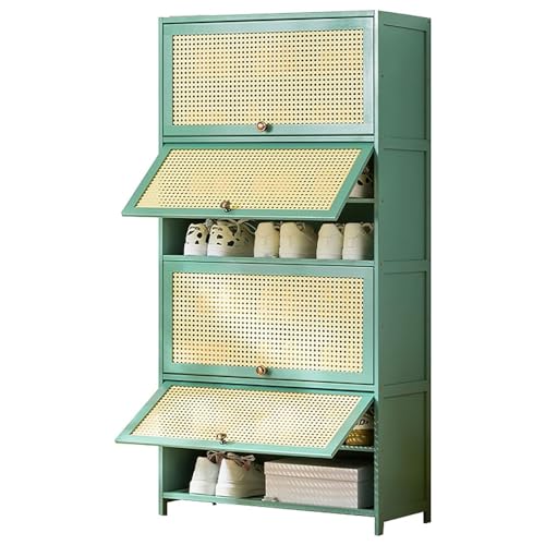Zapatero moderno de ratán de mediados de siglo con puertas abatibles, 8 niveles, 80 cm, zapatero de bambú para entrada, pasillo, dormitorio, color verde