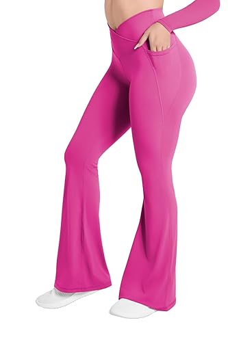 Sunzel Flare Leggings for Women with Pockets, Crossover Yoga Pants with Tummy Control, High Waisted and Wide Leg Side Pockets - 30" Side Pockets - Large - Sonic Pink